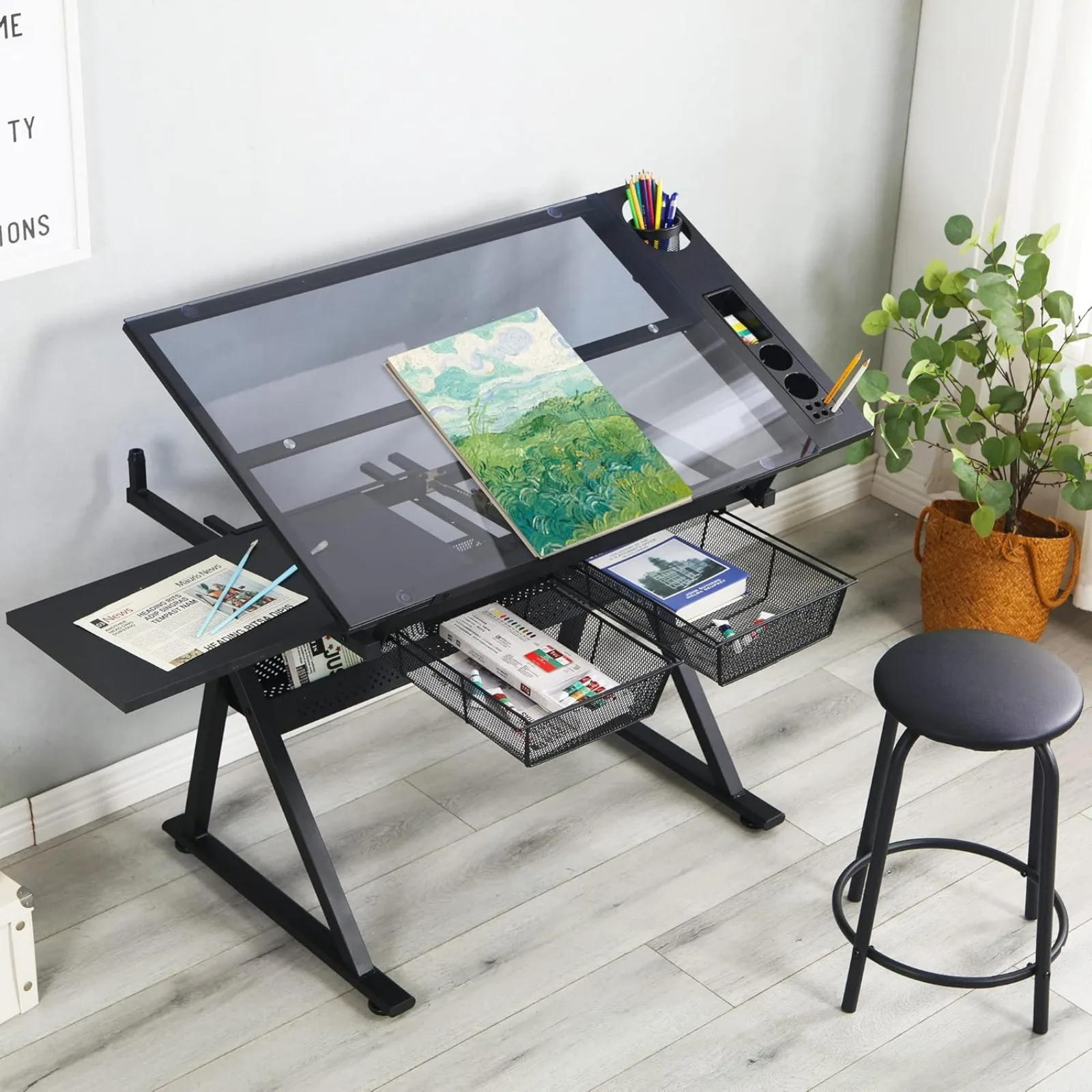 US LifeSky Drafting Table Adjustable for Artists - Art Drawing Desk with Storage for Painting Sketching