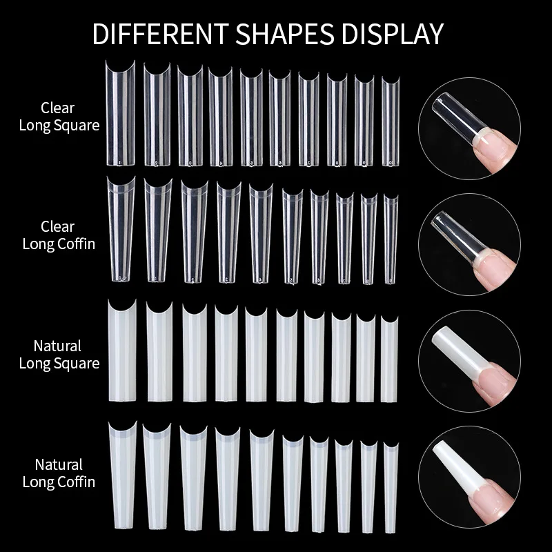 エクストラロングスクエアネイル,棺,透明,ナチュラル,ハーフカバー,バレエ,Cホース,エクステンション,プレス,1箱あたり100個