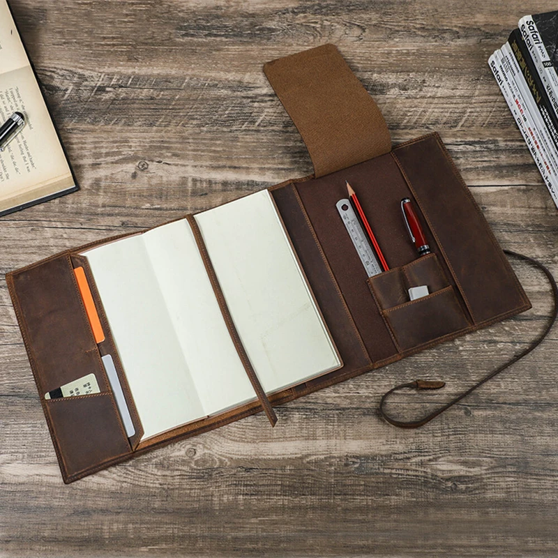 P+ Genuine Leather A5 Notebook Case File Folder Book Cover Stationery Pen Holder