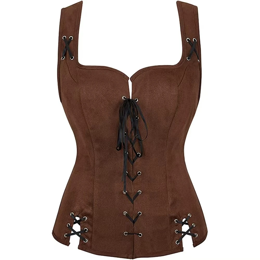 

Renaissance gothic steampunk pirate vest in mid-century suede strappy waistcoat