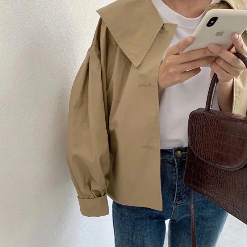 Jackets Women Khaki Vintage Loose Casual Autumn New Peter Pan Collar Fashion Sweet Korean Style Chic Girls All-match Temperament