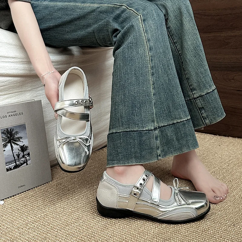 2026 Summer Women Silver Vintage Mary Jane Shoes Elegant Bow Decor Ballet Flats Stylish Daily Dress Single Footwear