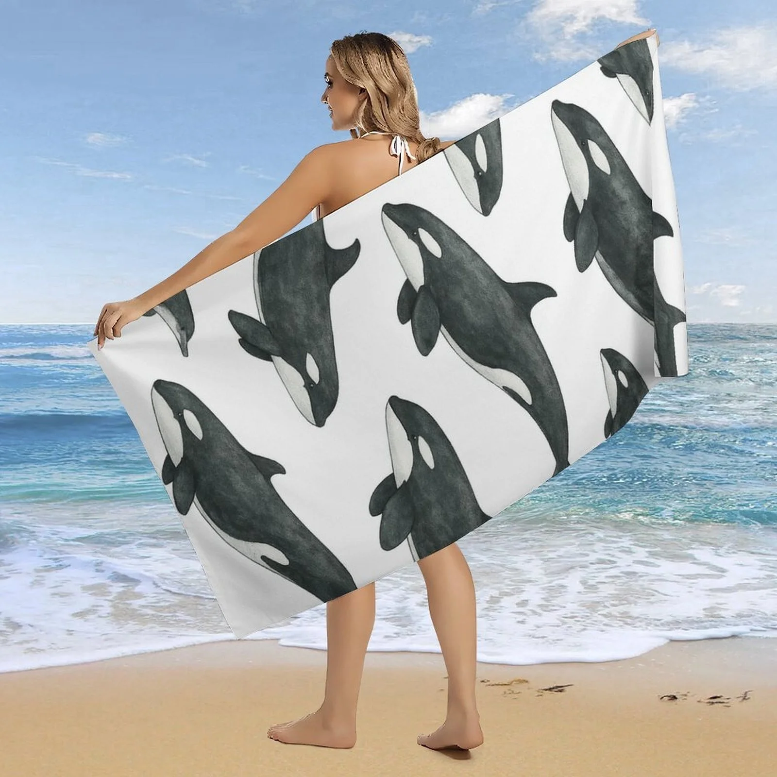 Large Beach Towel Featuring Design of Orca Whales,Highly Absorbent And Quick-Drying,Perfect for Summer Activities Like Swimming
