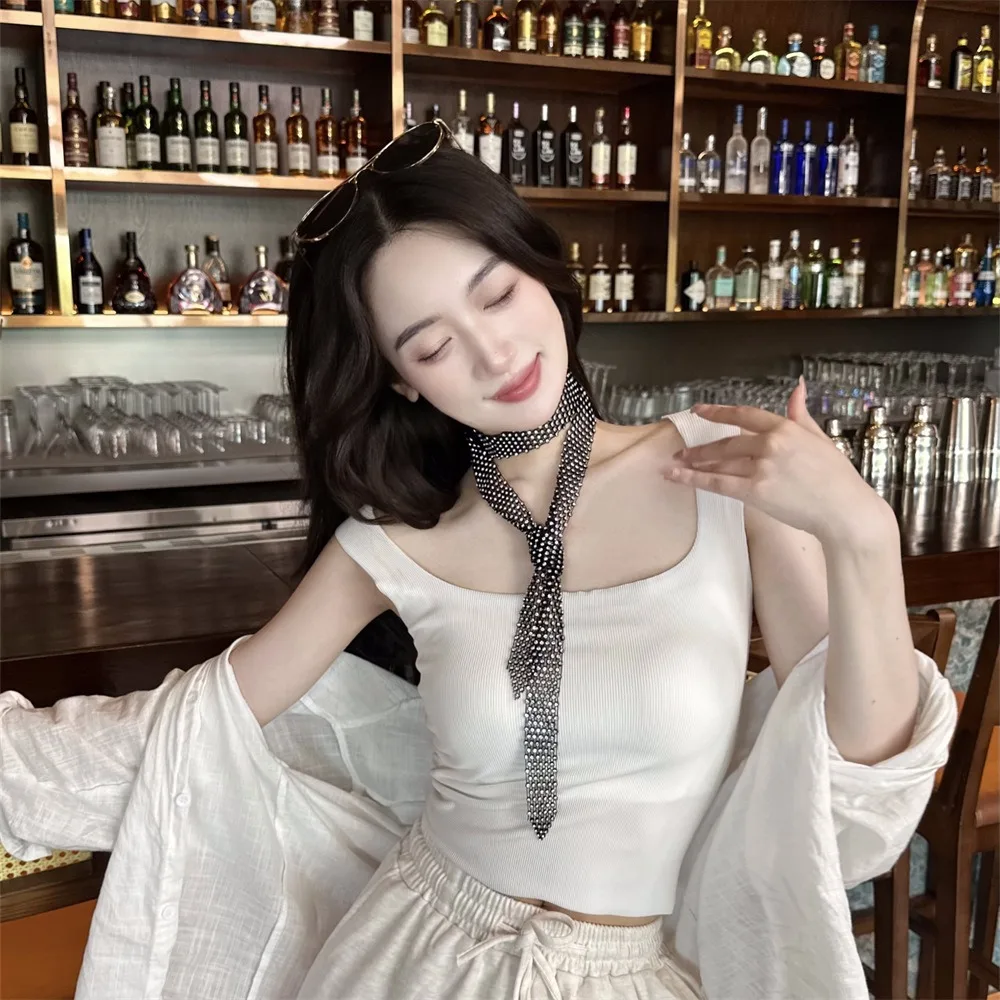 Sexy 90/130/150cm Rhinestone Tie Black/White Long Necktie Shiny Exquisite Dazzling Embellished Tie Unisex