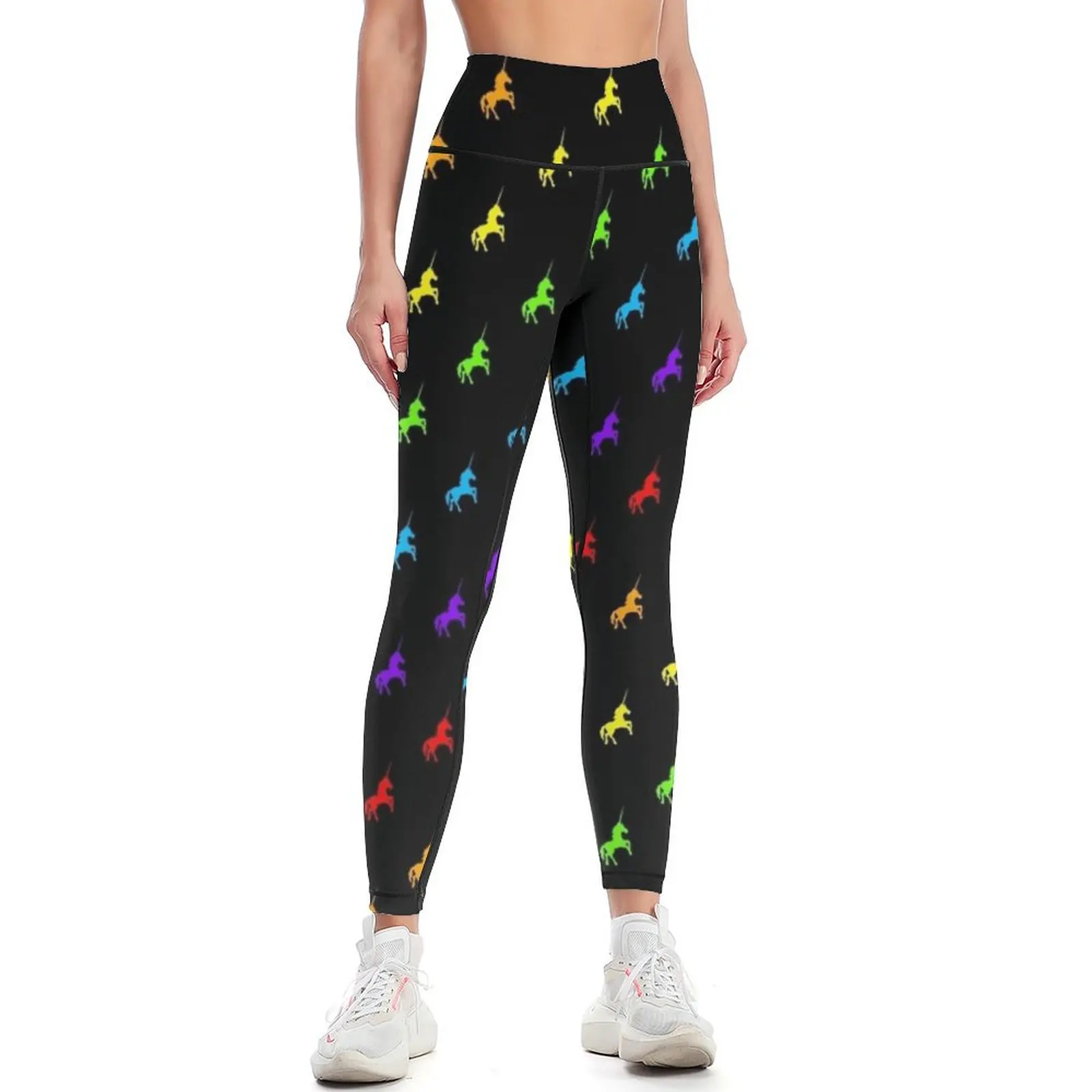 

Rainbow unicorn pattern on black background Leggings harem pants gym's sportswear Women's sports pants Womens Leggings