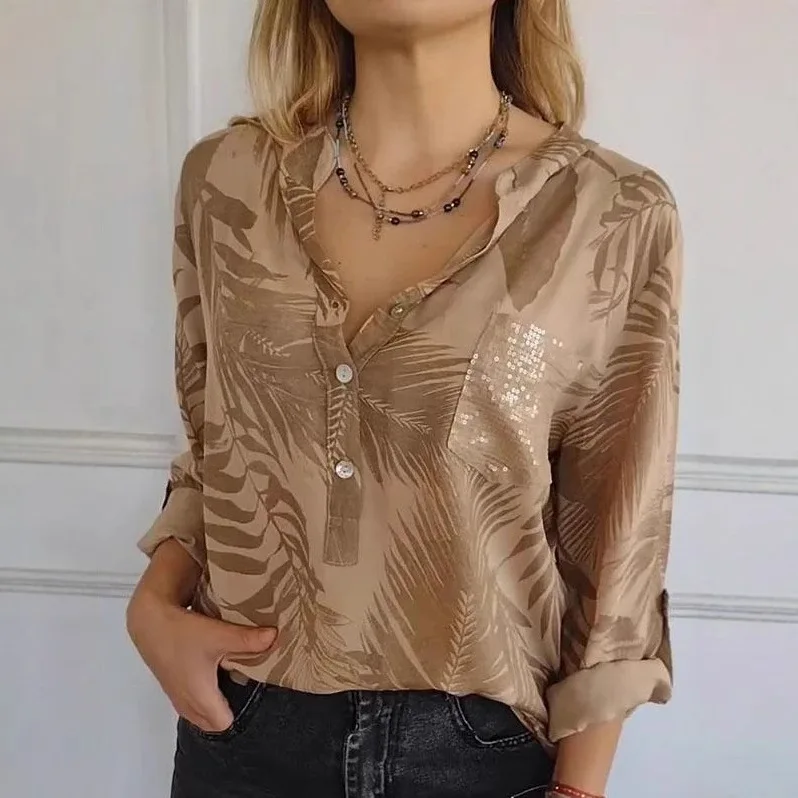 

Casual Loose Print Pocket Shirt Blouse Women Fashion Pure Color Button Long Sleeve Shirts For Women 2025 Spring V-neck Blusa Top