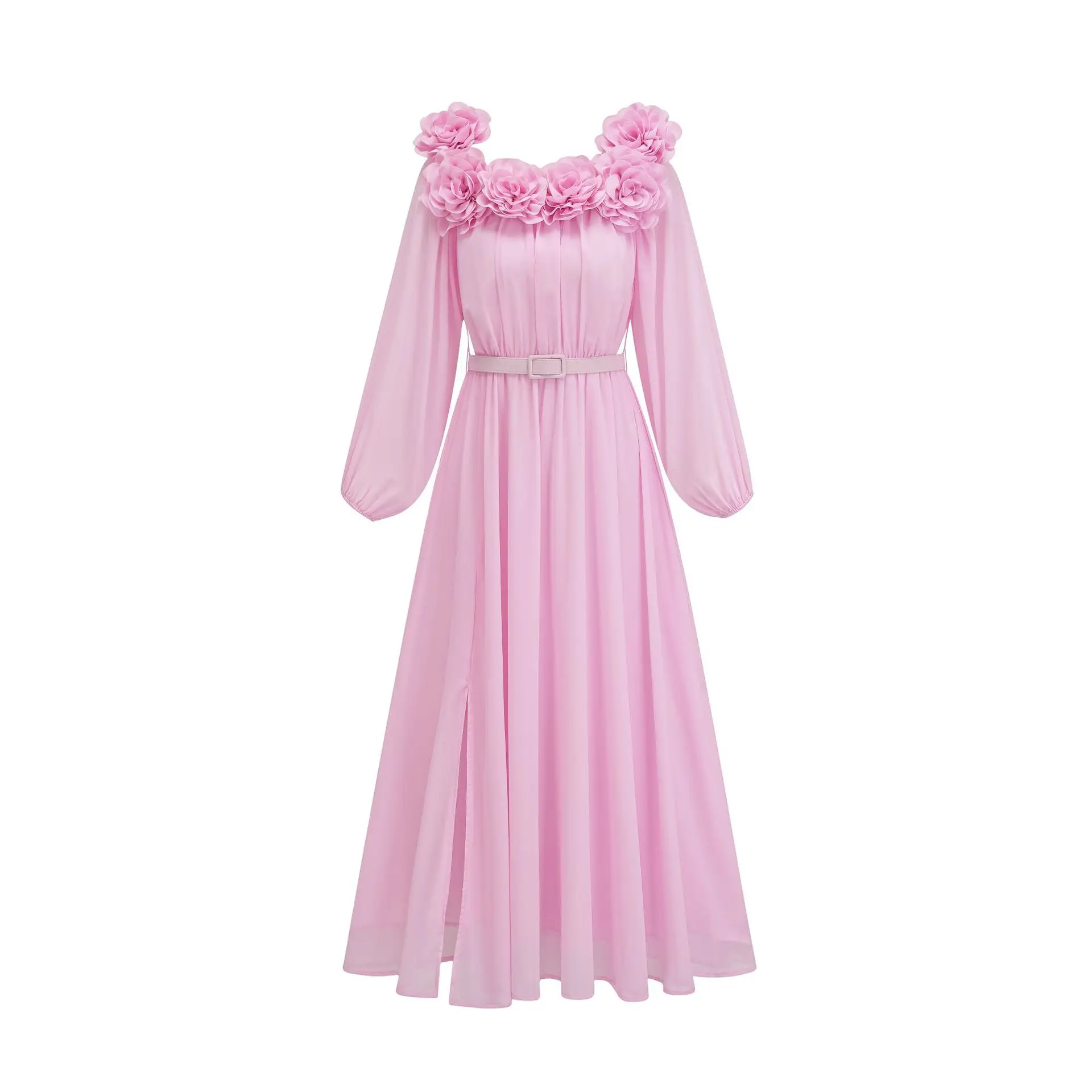 Vestido de noite rosa com fenda lateral, vestidos de baile, flores sem alças, vestidos de casamento com cinto, trem, 2024