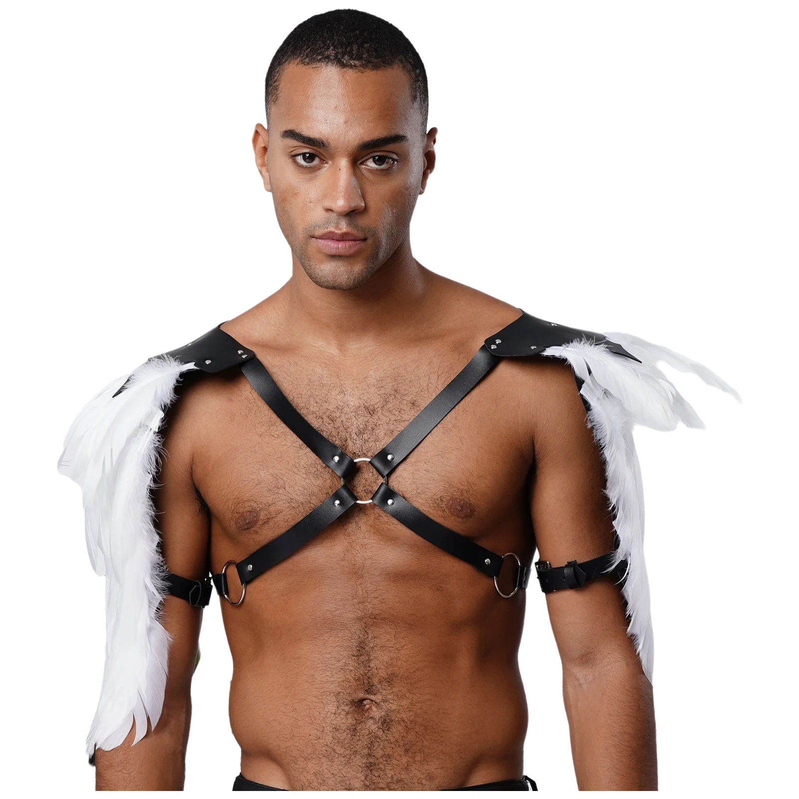 Mannen Middeleeuwse Gothic Punk Veer Schouder Armor PU Lederen Klinknagels O-ring Gekoppelde Bandjes Borstharnas Halloween Cosplay Accessoire