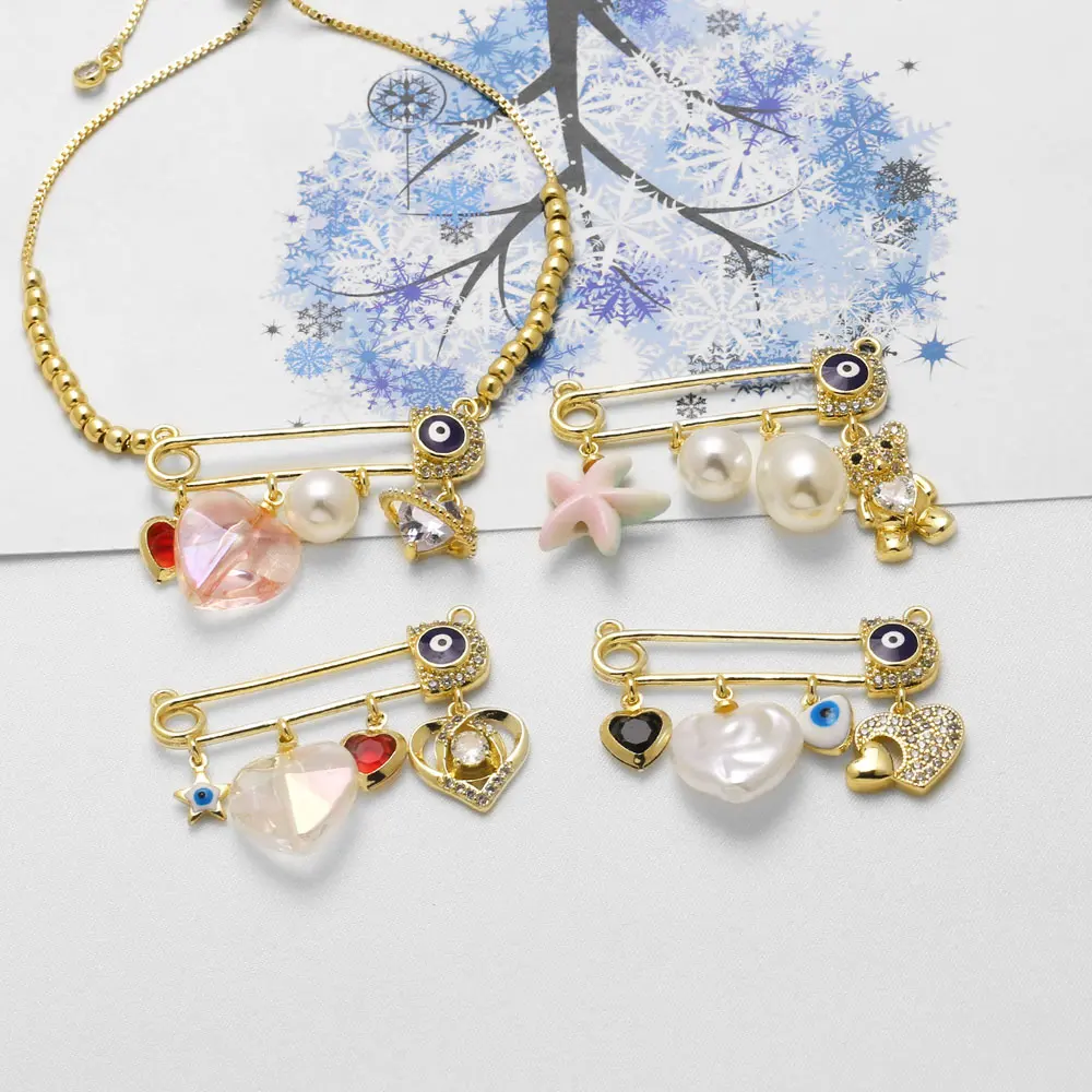 OCESRIO Evil Eye Safety Pin Pendant Copper Gold Plated Brooch Heart Pearl Bear Brooch Pin Jewelry Making Accessories pdtc038