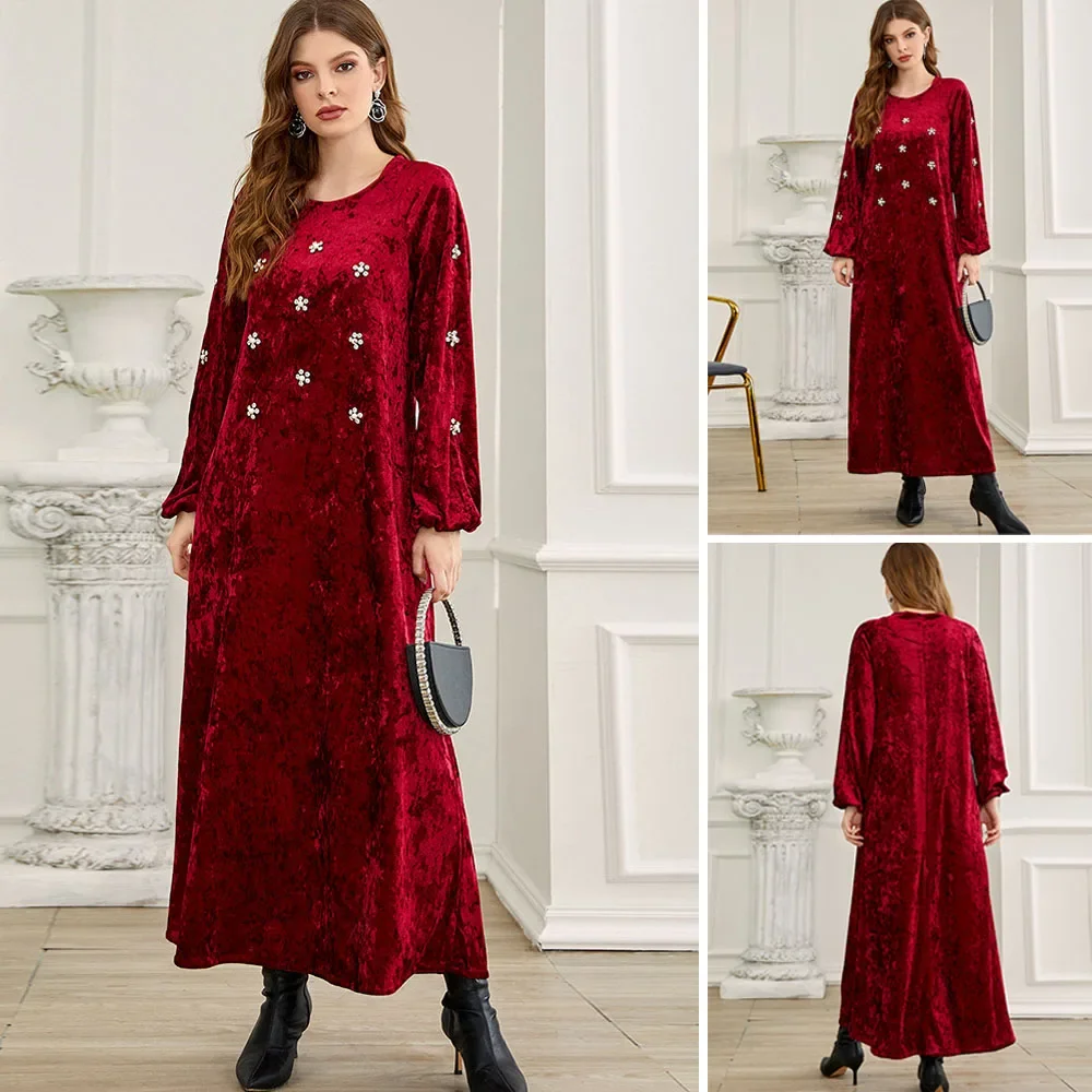 Ramadan Islamic Maxi Dress Arabic Abayas For Women Muslim Party Gown Rhinestone Dubai Caftan Velvet Maxi Robe Middle East Turkey