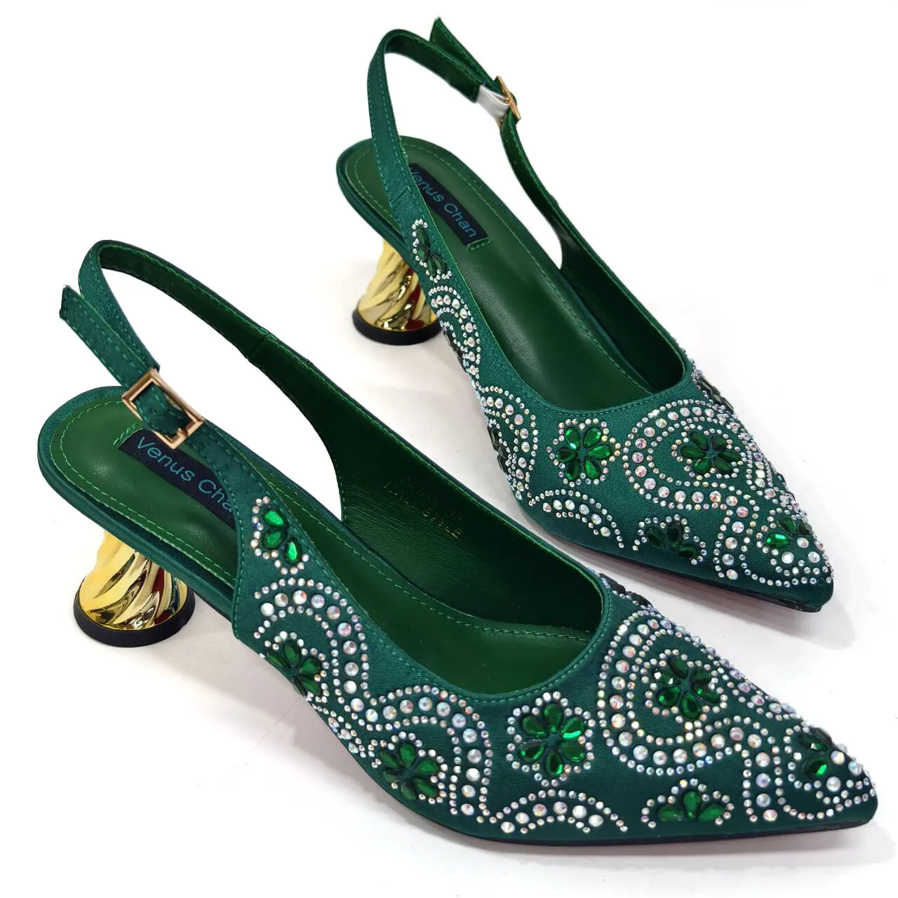 2024 Summer New Design Specials Set di scarpe e borse da donna italiane in tacchi comodi di colore verde reale con strass per la festa