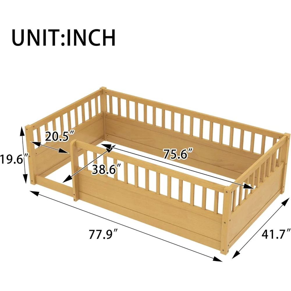 إطار سرير أرضي مزدوج الحجم من Bellemave، 19.6 إطار سرير مونتيسوري خشبي عالي السياج، سرير مزدوج بطابقين منخفض إلى الأرض، لا #2