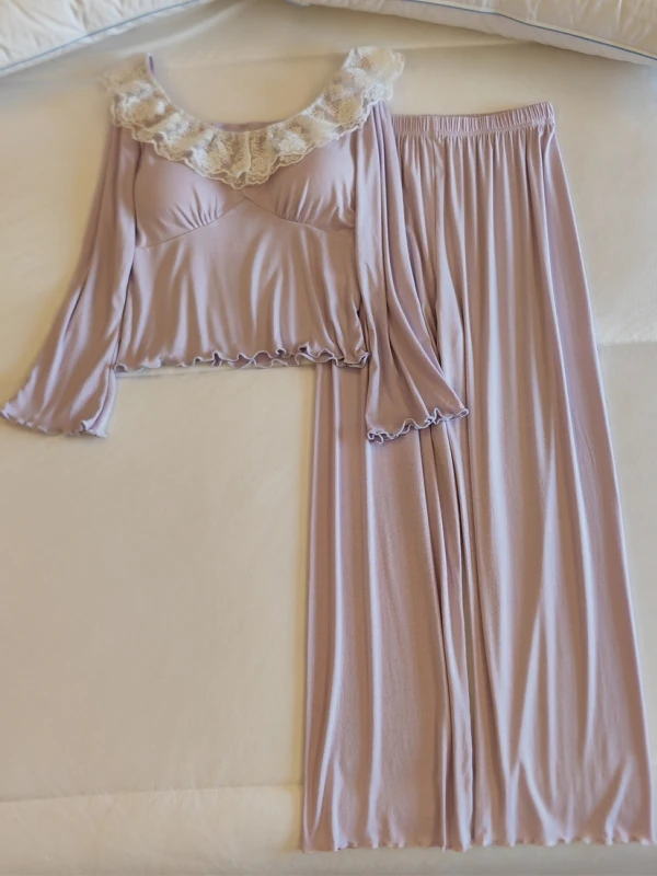 Modal Sleepwear Women's Long Sleeve with Chest Pad Sweet Lace Princess Style Outdoor Wearable Home Clothes Two-Piece Set