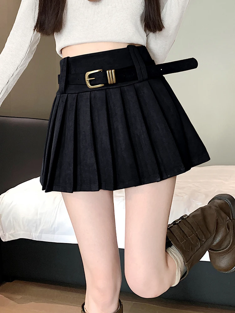 Spódnica mini z imitacji zamszu, z paskiem, plisowana, damska, z wysokim stanem, w stylu vintage, seksowna, jesienno-zimowa, w stylu preppy, koreańska spódnica w kształcie litery A.