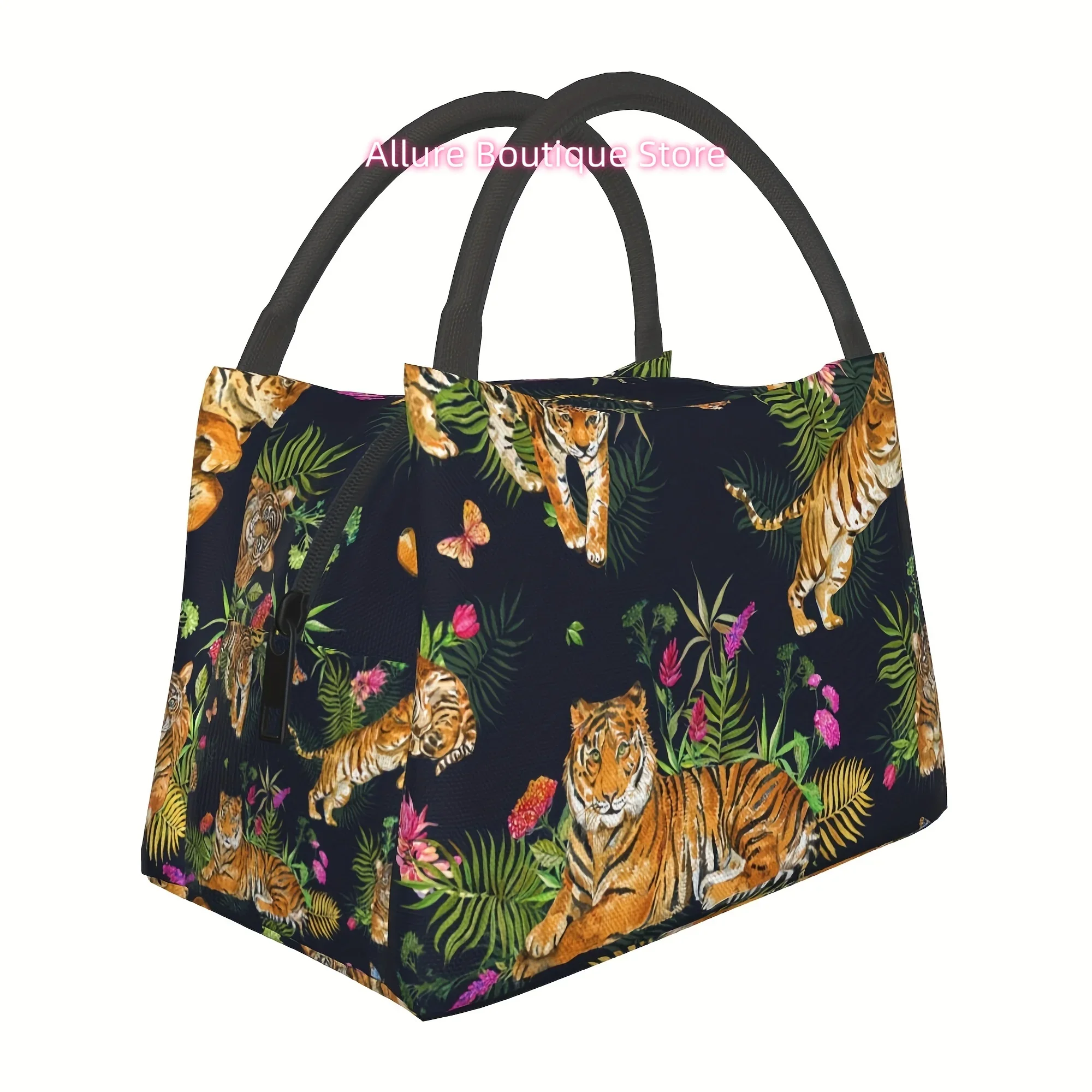 Reusable Insulated Lunch Bag with Jungle Tiger & Floral Pattern - Durable Polyester, Zipper Closure, Ideal for Travel, Picnics,