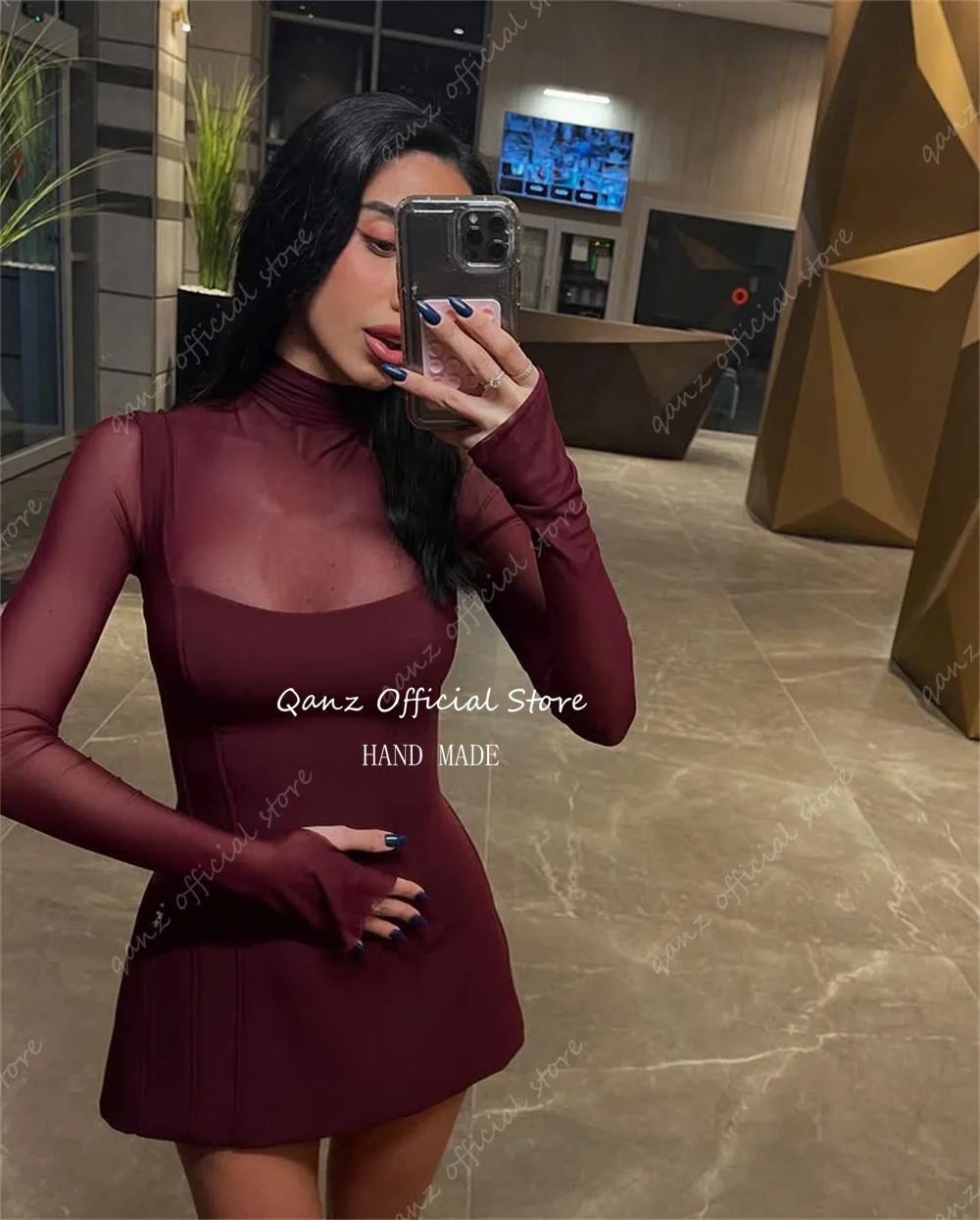 Qanz Sexy Mini Prom Dresses Sheer Long Sleeves High Neck Burgundy Short Bespoke Occasion Dresses Vestido De Festa Customized