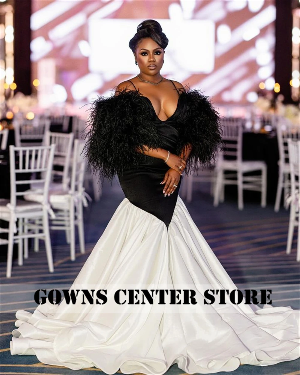 Black And White Feathers Spaghetti Aso Ebi Evening Dress Special Africa Long Prom Dress Mermaid Birthday Party Gown Customized