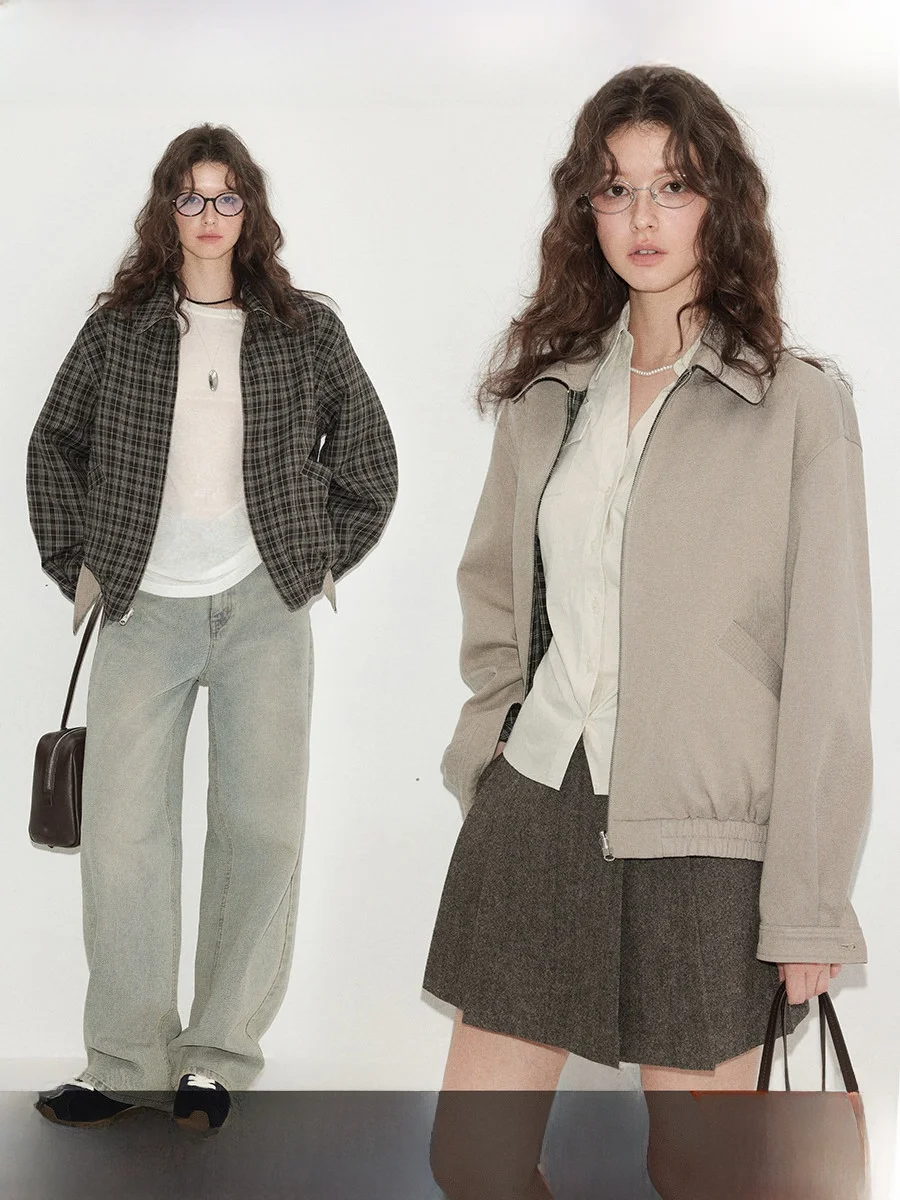 

Двусторонняя клетчатая куртка свободного кроя с эффектом похудения, повседневная женская верхняя одежда с воротником-рубашкой CHACHASTU, модная женская одежда