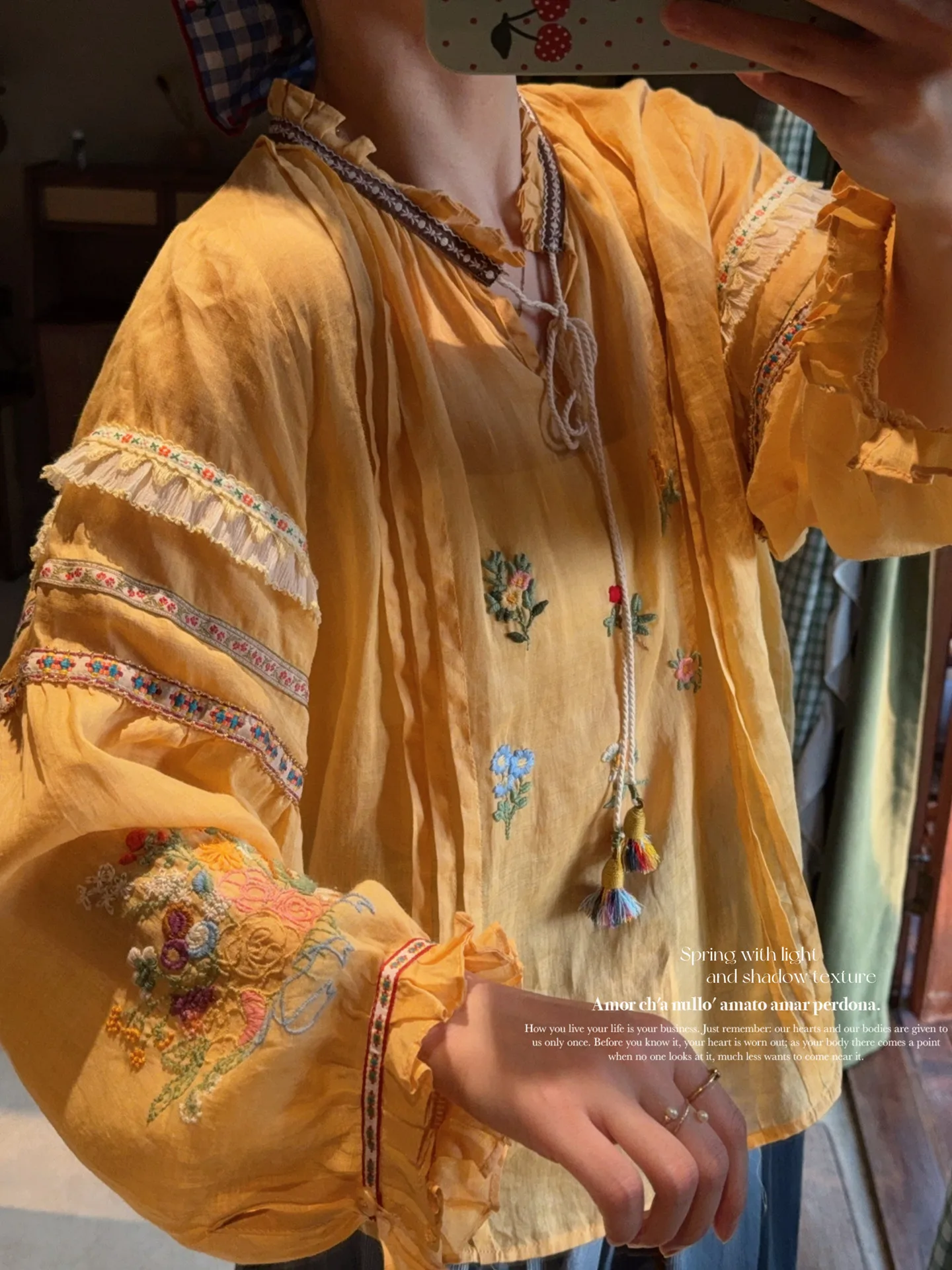 

TIYIHAILEY Ramie New Blouse Tops For Women Full Lantern Sleeve Tees Thin Loose Shirt 2026 Embroidery Tassels Lace Up Yellow