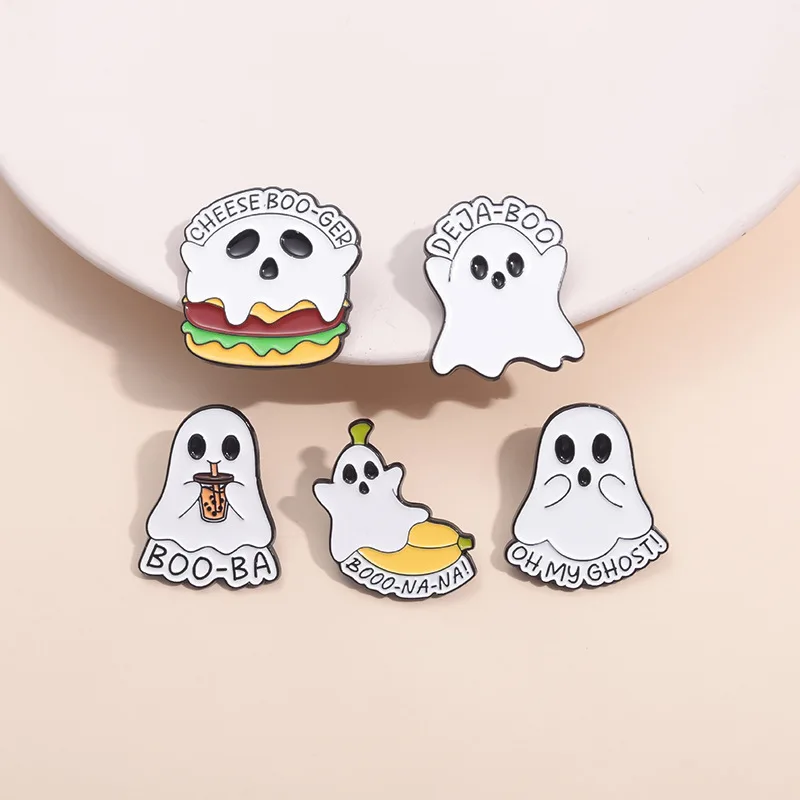 Oh My Ghost Hamburger Boo Cartoon Spooky Enamel Pins Cheese Boo Ger Brooch Lapel Badges Decoration Jewelry Gift for Friends