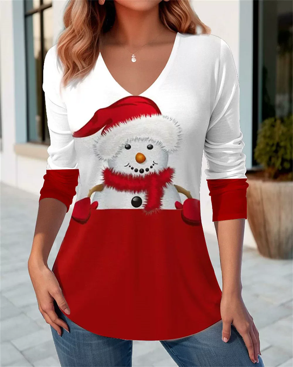 

Модные рождественские женские футболки с рисунком снеговика, осенне-зимняя уличная рождественская футболка с длинным рукавом и v-образным вырезом с 3D принтом 3XL, большие размеры