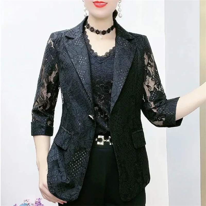 เสื้อสูทมินิสไตล์เกาหลีลูกไม้สําหรับผู้หญิงดีไซน์บาง 2025 ฤดูใบไม้ผลิและฤดูร้อนใหม่เข้าได้หลายชุดเข้ารูปพอดีตัวผู้หญิงยอดนิยม