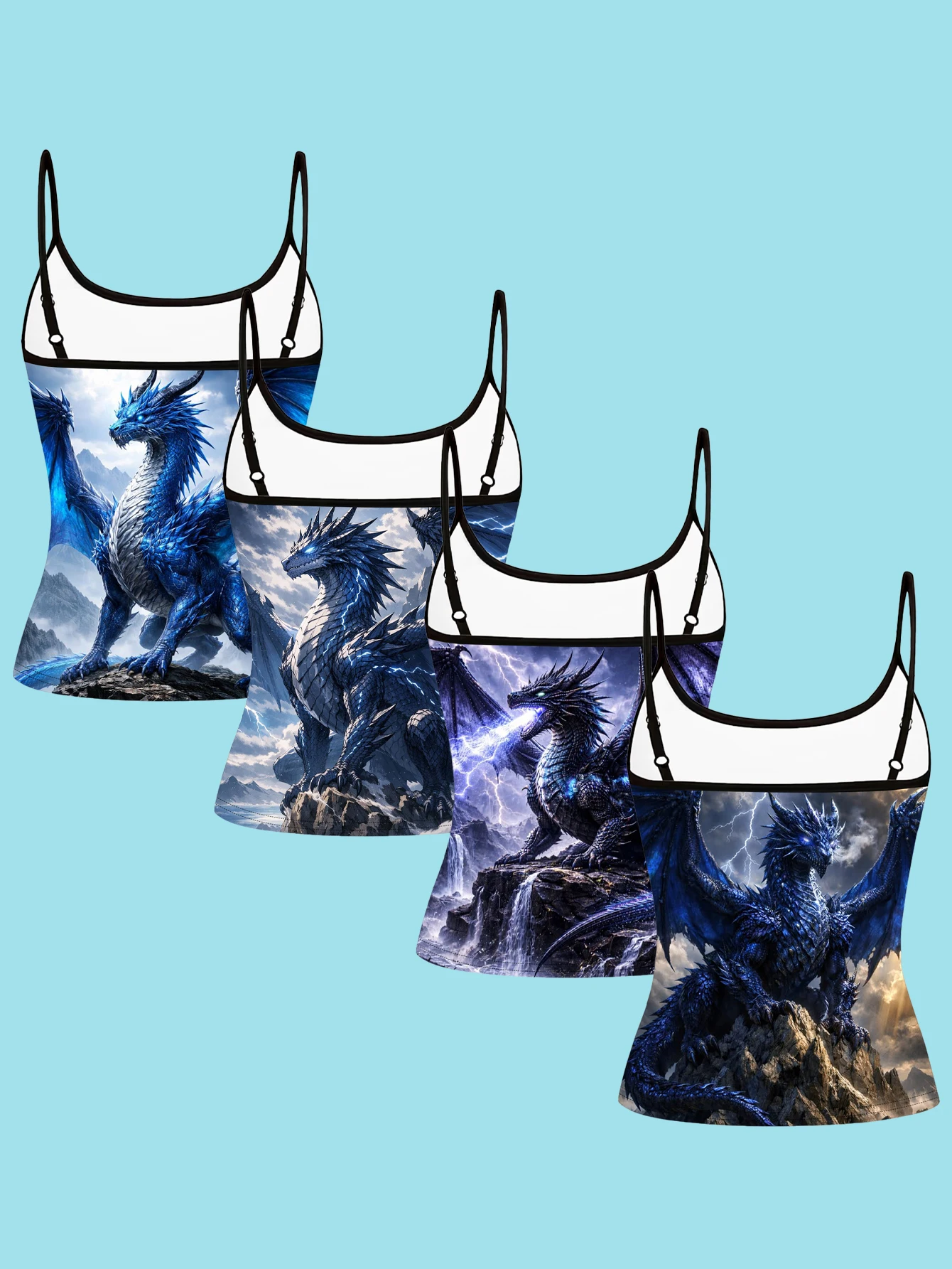 4-Pack of Women's Ice Blue Dragon Print Camisoles with Rock, Mountain, Lightning, and Western Dragon Designs, Slim-Fit Spaghetti Strap Inner Tops