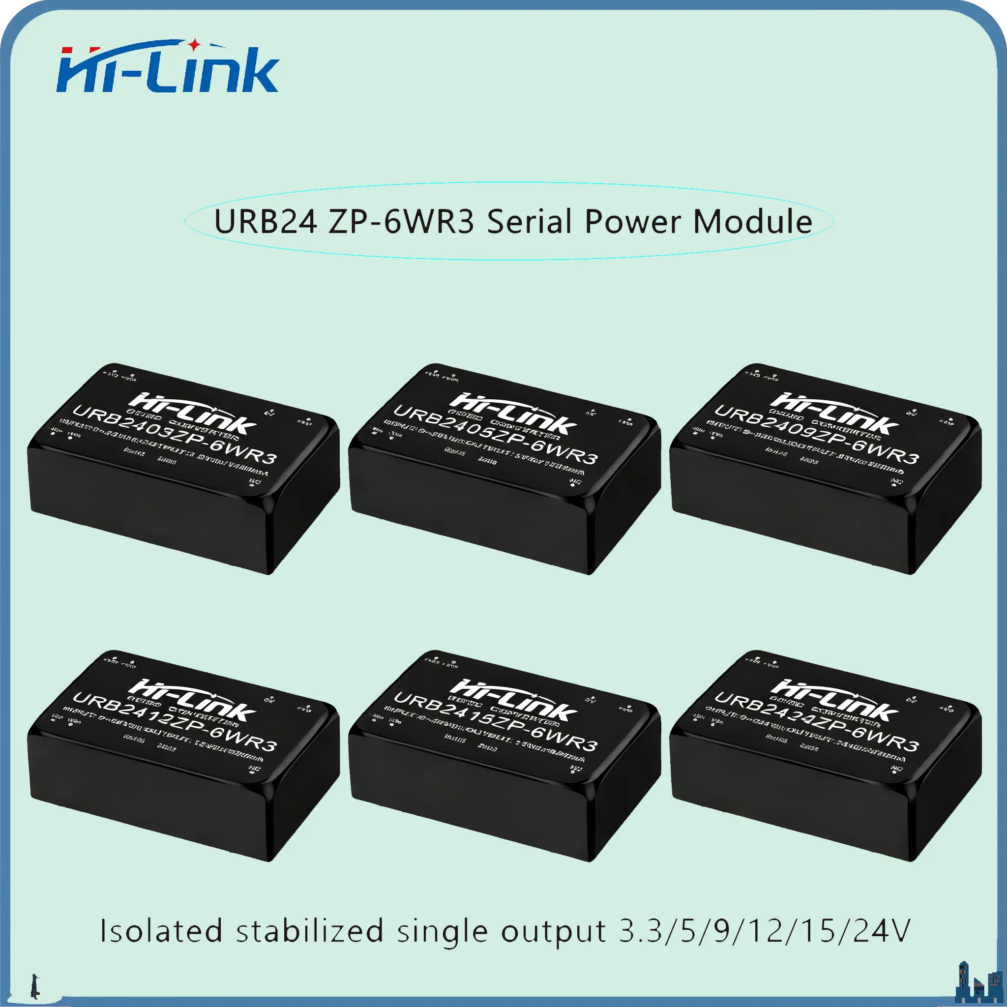 Hi-Link URB2412ZP-6WR3 DC-DC Isolated Power Module 24V to 3/5/9/12/15/24V Single Output Wide Voltage DC Converter