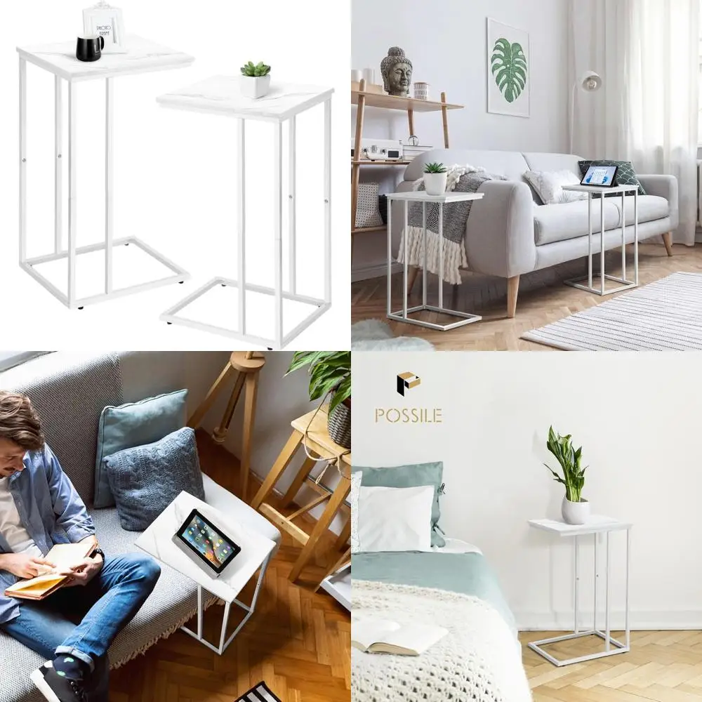 

Пара C-образных диванов и прикроватных столиков со столешницей из искусственного мрамора, гладкая белая отделка, идеально подходит для гостиной и спальни.