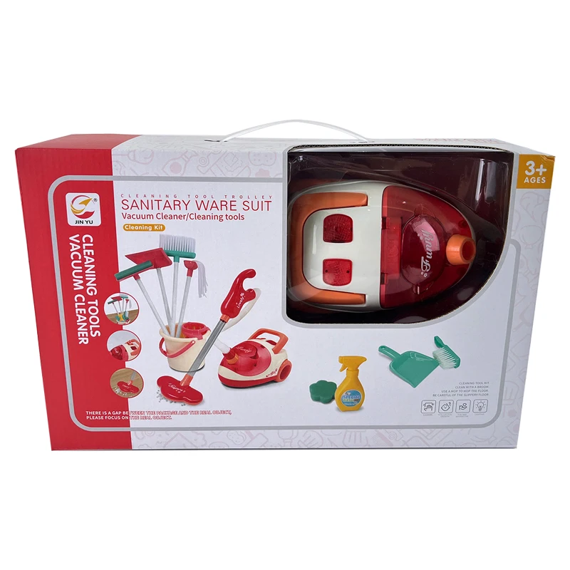 Wózek do sprzątania dla dzieci z odkurzaczem, mopem, miotłą, szczotką, butelką z rozpylaczem, gąbką i zbieraczem śmieci - zabawna zabawka dla dzieci w wieku 3+