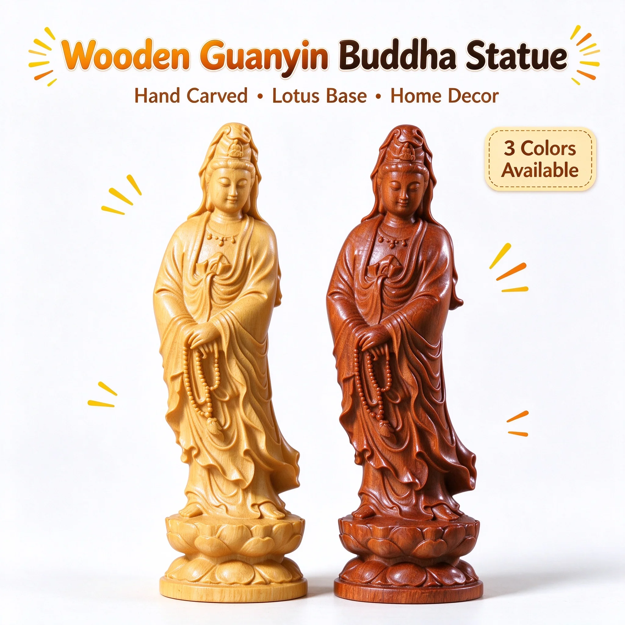 Golden Sandalwood Rosewood Hand Carved Guanyin Bodhisattva Statue Solid Wood Chinese Ornament for Home Living Room Decor Gift