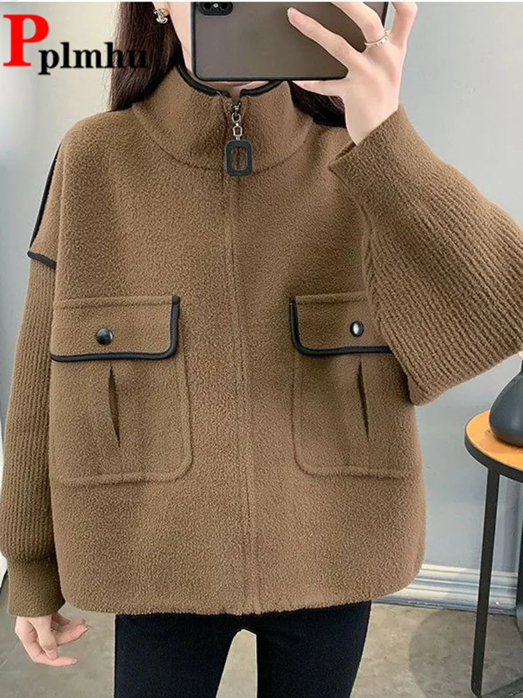 

Корейский модный кардиган на молнии, куртки, пальто, женские повседневные короткие мешковатые Chaquetas, свободные карманы, воротник-стойка, топ Jaquetas