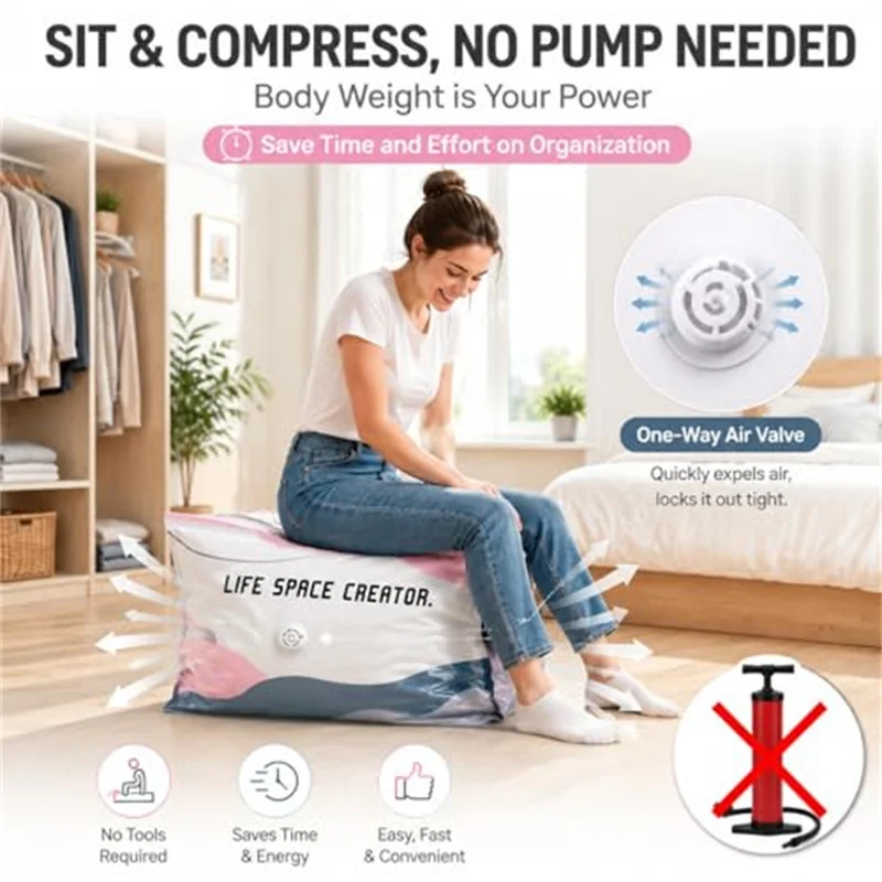 Vakuum-Aufbewahrungsbeutel mit großer Kapazität, ohne Pumpe, platzsparende Kompressionsbeutel für Kleidung, Decken, Vakuum-Aufbewahrungsbeutel ohne Pumpe – Detail 3