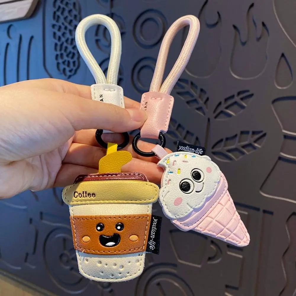 Simulation Food Funny Coffee Cup Shape Keychain French Fries PU Leather Ice Cream Pendant Ornaments Cartoon Car Key Ring Boy