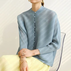 GGHK Miyake Pleated Female Tops Collar Single-breasted Design Japanese Retro Long-sleeved T-shirt Loose Casual Women Clothing