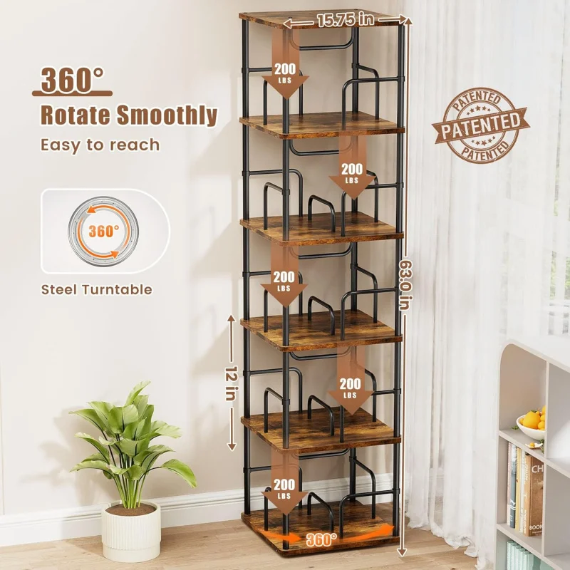 Rustic Brown Square 5-Tier Rotating Bookshelf, 360 °   Display Stackable Spinning Bookshelf Tower, Space Saving Tall Floor Stand