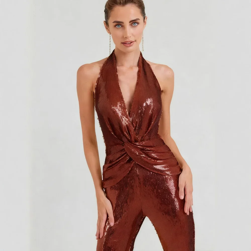 Women's Sleeveless Jumpsuits Luxury Sequins Sexy Halter Neck Deep V Neck High Waist Wide Leg Pants Jumpsuit Celebrity Party