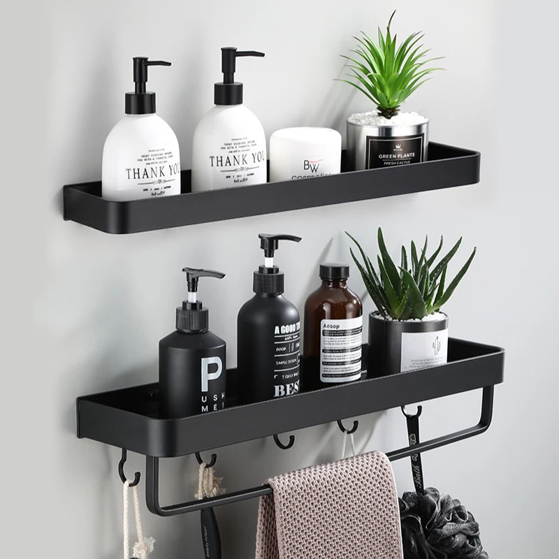 Black Aluminum Wall-mounted Bathroom Corner Shelf, Shower Storage Holder for Bath and Kitchen Organization