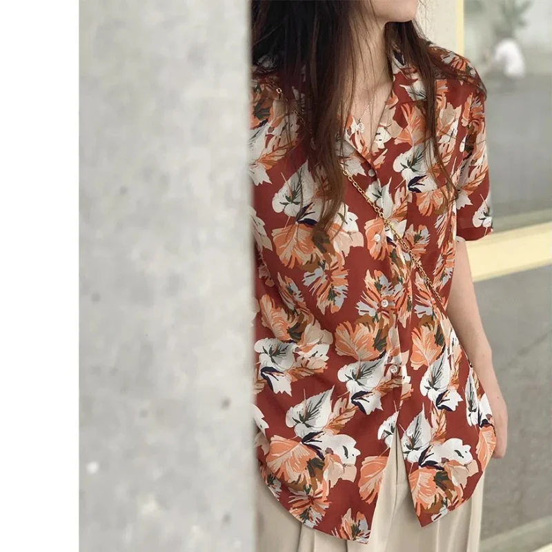 Vintage Printing Shirt Tops Summer New Short Sleeve Floral Polo Neck Loose Street Casual Blouse Fashion Trend Women Clothing