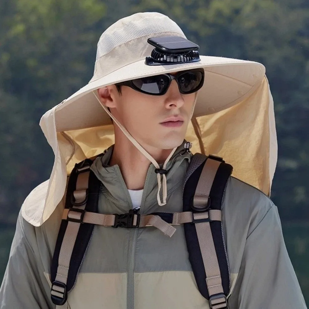

Новая водонепроницаемая шляпа с вентилятором и защитой от солнца UPF50+ с широкими полями и накидкой, регулируемая, для рыбалки, мужская.
