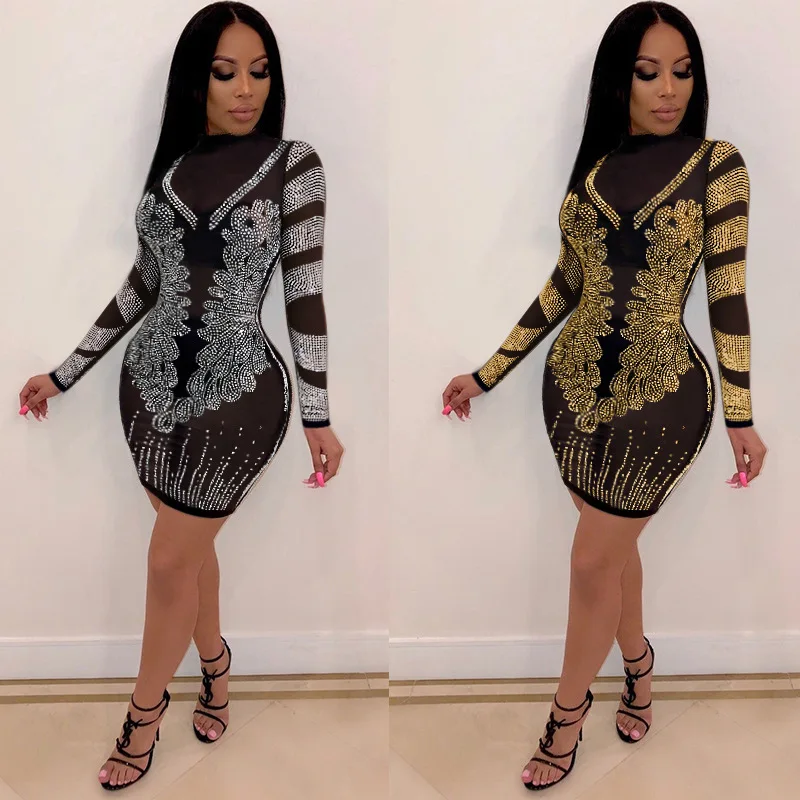 

Nightclub Party Gathering Club Sexy Hot Drilling Long Sleeve See Through Slim Dresses