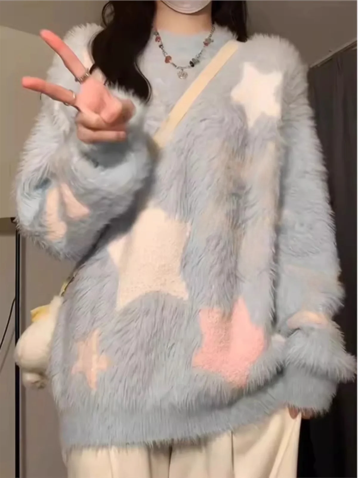 

Women's Thiened Faux Fur Knitted Sweater Autumn Winter Outerwear Warm Cozy Print Design Long Sve round Ne Top