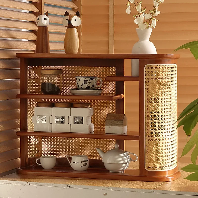 Black walnut solid wood rattan table countertop storage rack Multi-layer coffee cup storage rack