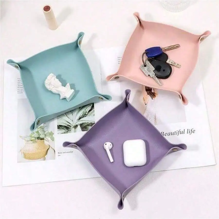 1 PU leather jewelry tray 20cm*20cm Nordic retro minimalist style, jewelry watch coin car key lipstick candy tray storage box