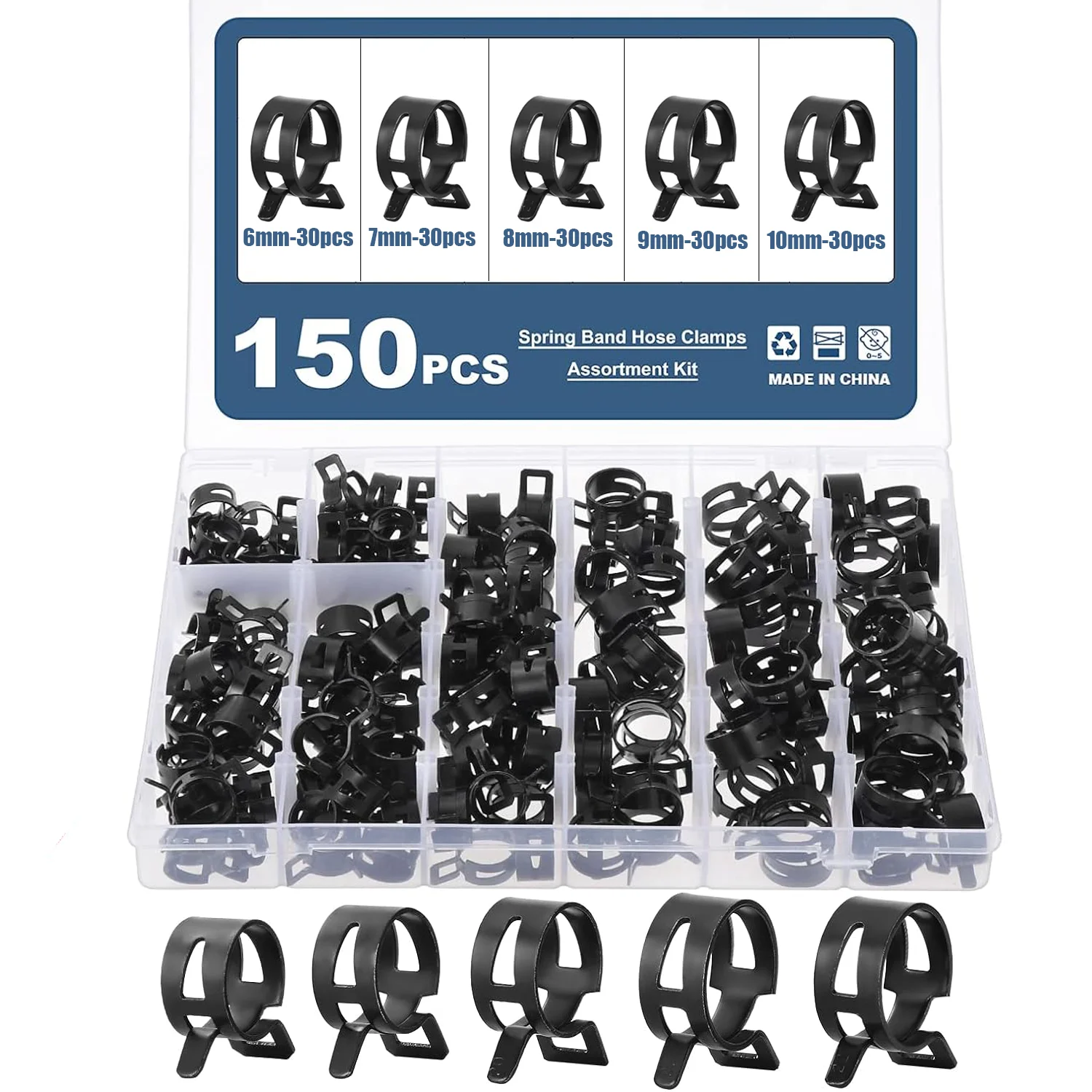 150Pcs 6-10mm 5 Sizes Black Q673B Vacuum Spring Fuel Oil Water Hose Clip Pipe Tube for Band Clamp Metal Fastener Assortment Kit