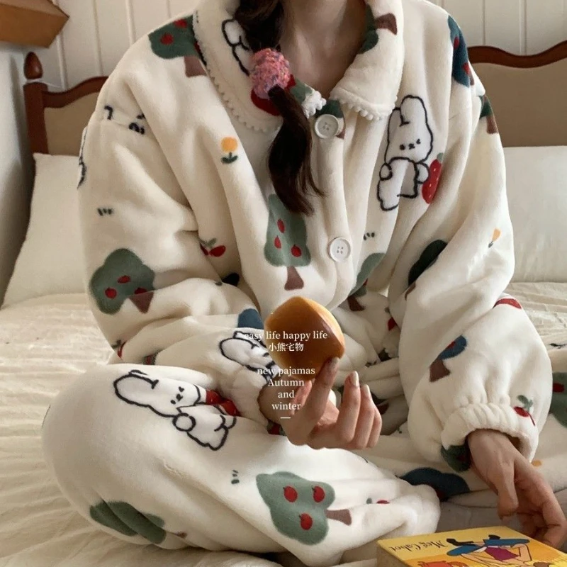 Korean Fashion Kawaii Coral Velvet Pajamas Sets Fall Winter Loose Casual Warm Homewear Cute Christmas Rabbit Sleepwear for Women