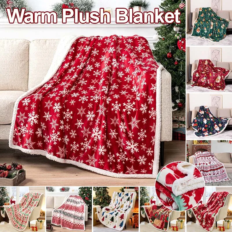 Print Christmas Throw Blanket Winter Reversible Flannel Soft Portable Plush Office Nap Travel Camping Couch Sofa All Season Use