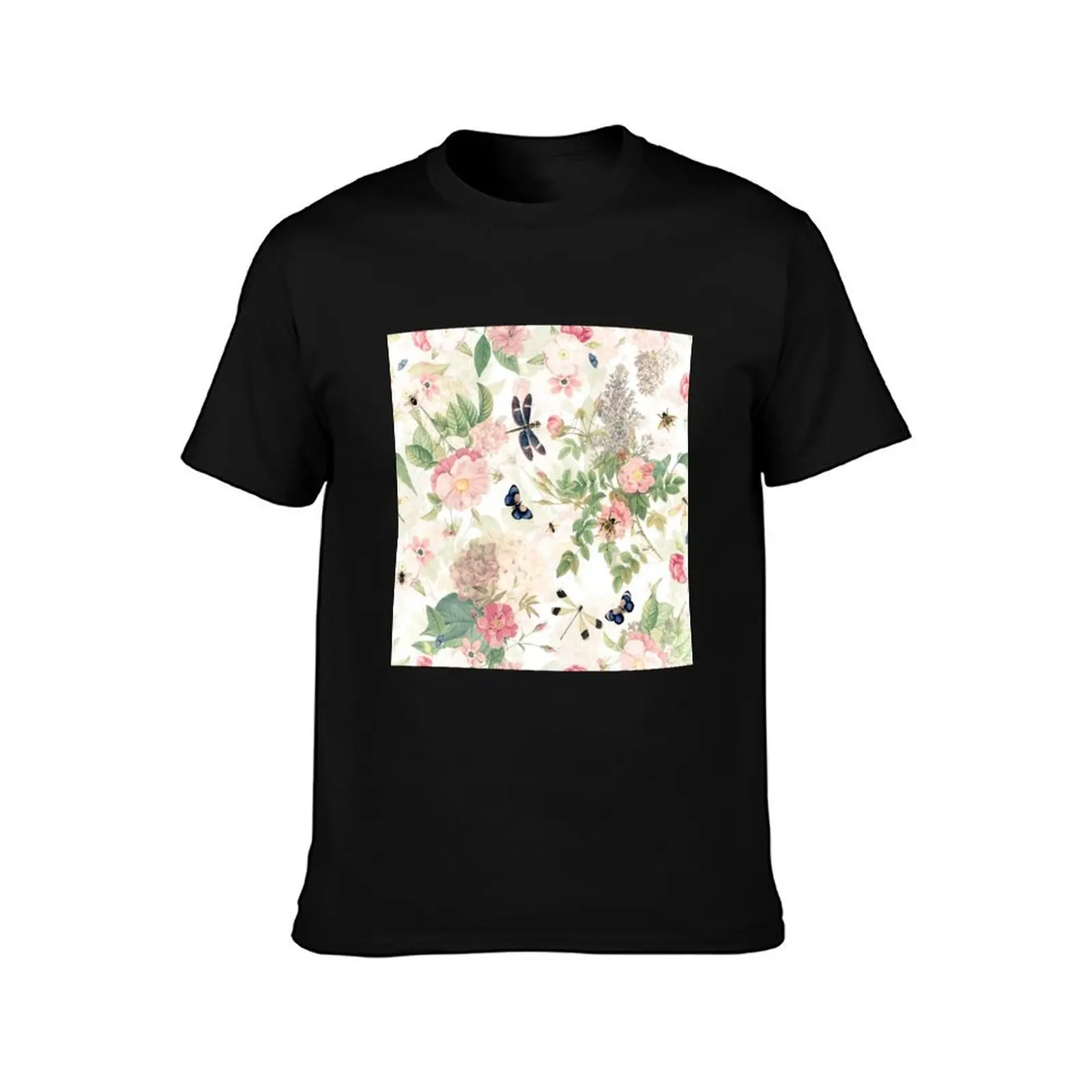 UtART - Vintage Roses Spring Flower And Early Insects Botanical Garden Pattern - Sepia Blush Cream white Nightgarden T-Shirt