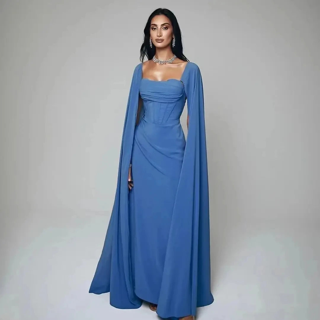 

Flora Dress Blue SatinMermaid Party Dress Square Collar Evening Dresses Long Sleeves Floor Length Saudi Arabia Prom Dresses