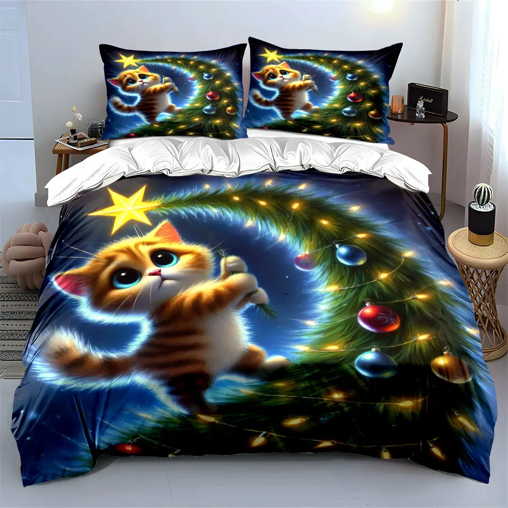 Cute cats hanging on beautifully decorated Christmas trees Print Duvet Cover Bedding Set Included 1*Duvet Cover 2*Pillowcases